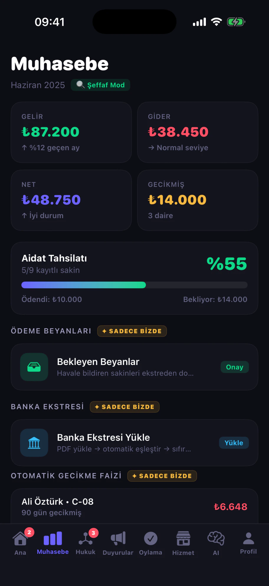 Muhasebe ekranı: gelir gider dökümü